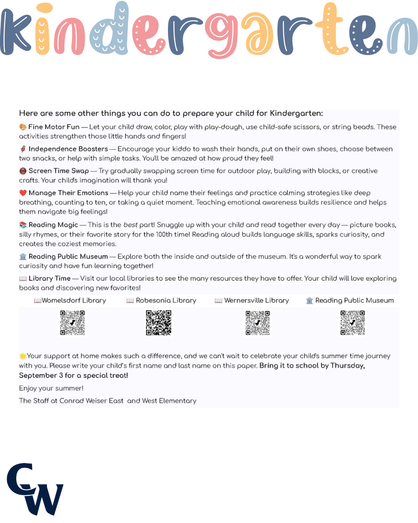 "Dear families and caregivers, We're thrilled you're joining our kindergarten community! To help your child have the best start possible, we'd love to share some fun ways you can support their readiness. Think of it as a little adventure you're going on together! You can use this bingo sheet to mark the activities you did together. 🌟🌟🌟CW Summer Scouts Bingo for Kindergarten🌟🌟🌟 Visit the Womelsdorf Library Listen to a story and talk about what the character does Solve 10 addition facts Practice writing letters A–Z Visit the Robesonia Library Sing the alphabet song Count out loud to 20 Read a book with a family member Practice rhyming words like cat- bat or hip-tip Write numbers 1 – 20 Point to colors and name them Say letter sounds A – Z FREE SPACE Read and draw your favorite part of a story Make AB, AABB, ABCABC patterns Match uppercase and lowercase letters Read for 10 minutes Look for shapes around your house Clap words with 1, 2, or 3 syllables Go for a walk and find 5 objects Visit the Wernersville Library Write or trace your name Draw a picture and tell a story about it Count objects (rocks, toys, snacks) Visit the Reading Public Museum and Grounds First and Last Name_____________________________ Teacher Name:________________________________ Here are some other things you can do to prepare your child for Kindergarten: 🎨 Fine Motor Fun — Let your child draw, color, play with play-dough, use child-safe scissors, or string beads. These activities strengthen those little hands and fingers! 🦸 Independence Boosters — Encourage your kiddo to wash their hands, put on their own shoes, choose between two snacks, or help with simple tasks. You'll be amazed at how proud they feel! 📵 Screen Time Swap — Try gradually swapping screen time for outdoor play, building with blocks, or creative crafts. Your child's imagination will thank you! ❤️ Manage Their Emotions — Help your child name their feelings and practice calming strategies like deep breathing, counting to ten, or taking a quiet moment. Teaching emotional awareness builds resilience and helps them navigate big feelings! 📚 Reading Magic — This is the best part! Snuggle up with your child and read together every day — picture books, silly rhymes, or their favorite story for the 100th time! Reading aloud builds language skills, sparks curiosity, and creates the coziest memories. 🏛️ Reading Public Museum — Explore both the inside and outside of the museum. It's a wonderful way to spark curiosity and have fun learning together! 📖 Library Time — Visit our local libraries to see the many resources they have to offer. Your child will love exploring books and discovering new favorites! 📖Womelsdorf Library 📖 Robesonia Library 📖 Wernersville Library 🏛️ Reading Public Museum 🌟Your support at home makes such a difference, and we can't wait to celebrate your child's summer time journey with you. Please write your child’s first name and last name on this paper. Bring it to school by Thursday, September 3 for a special treat! Enjoy your summer! The Staff at Conrad Weiser East and West Elementary Dear families and caregivers, Are you ready for the sunshine and warm weather? Here are some fun ways to practice some of the important skills that your child has learned throughout the school year. These activities are designed to be short and playful for about 5–10 minutes. You can use this bingo sheet to mark the activities you did together. 🌟🌟🌟CW Summer Scouts Bingo for First Grade🌟🌟🌟 Visit the Womelsdorf Library Read a story and retell beginning, middle, and end Solve 10 addition facts Write 3 sentences about your favorite animal Visit the Robesonia Library Read 5 trick words Count to 100 by 1’s, 5’s, & 10’s Read a book to a family member Write a sentence with a capital & period Write numbers 1 – 50 Solve 5 subtraction facts Say letter sounds A – Z FREE SPACE Read and draw your favorite part of a story Find a square, circle, triangle, cube, sphere, cone, or cylinder while taking a walk Write a sentence about your day Read for 10 minutes Compare numbers Using =, <, > Write 5 CVC words such a bat, get, or pig Solve a story problem Visit the Wernersville Library Read a poem out loud Write 2 questions about a story. Be sure to use who, what, when, where, or why. Count objects up to 20 Visit the Reading Public Museum First and Last Name_____________________________ Teacher Name:________________________________ Here are some other things you can do together over the summer: 🎨 Fine Motor Fun — Provide opportunities for your child to draw, color, build with small blocks, cut with scissors, and complete puzzles. These activities continue to strengthen hand-eye coordination and fine motor skills needed for writing and other classroom tasks! 🦸 Independence Boosters — Encourage your child to manage their own routines like washing hands, getting dressed, organizing their belongings, and completing simple chores at home. You'll be amazed at how capable and confident they become! 📵 Screen Time Swap — Try gradually swapping screen time for outdoor play, building with blocks, or creative crafts. Your child's imagination will thank you! ❤️ Manage Their Emotions — Help your child name their feelings like happy, sad, angry, or worried. Teach them calming strategies like taking deep breaths, counting to 10, or talking about what's bothering them. When kids learn to understand their emotions, they feel more confident and can handle tough moments! 📚 Reading Magic — Continue reading together daily — chapter books, adventure stories, or their favorite tales. Reading aloud strengthens comprehension skills, builds vocabulary, and keeps the love of learning alive. These shared moments create lasting memories! 🔗 Valuable Resources — Here are some QR codes for resources to support your child. Hundreds Chart Fundations Chart Five Start Sentence Checklist Trick words 🌟We're grateful for your partnership in your child's education. Your support at home is powerful, and we look forward to celebrating all the growth together! Please write your child’s first name and last name on this paper. Bring it to school by Thursday, September 3 for a special treat! Enjoy your summer! The Staff at Conrad Weiser East and Elementary "
