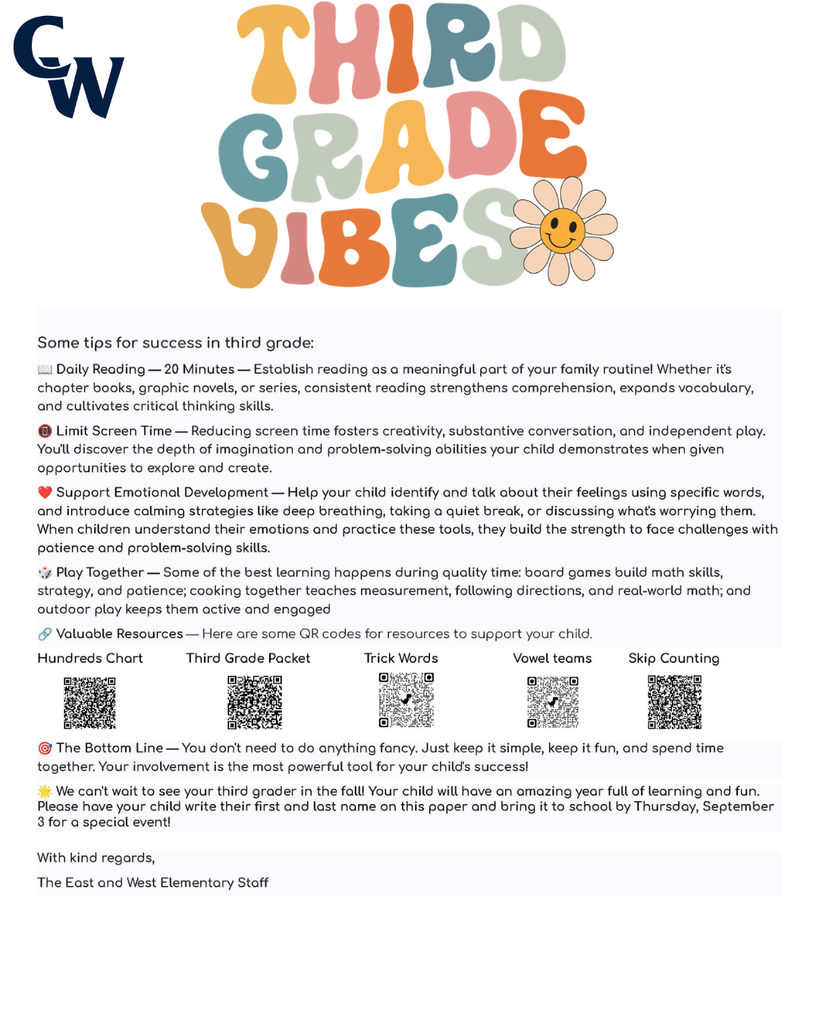 "Dear families and caregivers, We're thrilled you're joining our kindergarten community! To help your child have the best start possible, we'd love to share some fun ways you can support their readiness. Think of it as a little adventure you're going on together! You can use this bingo sheet to mark the activities you did together. 🌟🌟🌟CW Summer Scouts Bingo for Kindergarten🌟🌟🌟 Visit the Womelsdorf Library Listen to a story and talk about what the character does Solve 10 addition facts Practice writing letters A–Z Visit the Robesonia Library Sing the alphabet song Count out loud to 20 Read a book with a family member Practice rhyming words like cat- bat or hip-tip Write numbers 1 – 20 Point to colors and name them Say letter sounds A – Z FREE SPACE Read and draw your favorite part of a story Make AB, AABB, ABCABC patterns Match uppercase and lowercase letters Read for 10 minutes Look for shapes around your house Clap words with 1, 2, or 3 syllables Go for a walk and find 5 objects Visit the Wernersville Library Write or trace your name Draw a picture and tell a story about it Count objects (rocks, toys, snacks) Visit the Reading Public Museum and Grounds First and Last Name_____________________________ Teacher Name:________________________________ Here are some other things you can do to prepare your child for Kindergarten: 🎨 Fine Motor Fun — Let your child draw, color, play with play-dough, use child-safe scissors, or string beads. These activities strengthen those little hands and fingers! 🦸 Independence Boosters — Encourage your kiddo to wash their hands, put on their own shoes, choose between two snacks, or help with simple tasks. You'll be amazed at how proud they feel! 📵 Screen Time Swap — Try gradually swapping screen time for outdoor play, building with blocks, or creative crafts. Your child's imagination will thank you! ❤️ Manage Their Emotions — Help your child name their feelings and practice calming strategies like deep breathing, counting to ten, or taking a quiet moment. Teaching emotional awareness builds resilience and helps them navigate big feelings! 📚 Reading Magic — This is the best part! Snuggle up with your child and read together every day — picture books, silly rhymes, or their favorite story for the 100th time! Reading aloud builds language skills, sparks curiosity, and creates the coziest memories. 🏛️ Reading Public Museum — Explore both the inside and outside of the museum. It's a wonderful way to spark curiosity and have fun learning together! 📖 Library Time — Visit our local libraries to see the many resources they have to offer. Your child will love exploring books and discovering new favorites! 📖Womelsdorf Library 📖 Robesonia Library 📖 Wernersville Library 🏛️ Reading Public Museum 🌟Your support at home makes such a difference, and we can't wait to celebrate your child's summer time journey with you. Please write your child’s first name and last name on this paper. Bring it to school by Thursday, September 3 for a special treat! Enjoy your summer! The Staff at Conrad Weiser East and West Elementary Dear families and caregivers, Are you ready for the sunshine and warm weather? Here are some fun ways to practice some of the important skills that your child has learned throughout the school year. These activities are designed to be short and playful for about 5–10 minutes. You can use this bingo sheet to mark the activities you did together. 🌟🌟🌟CW Summer Scouts Bingo for First Grade🌟🌟🌟 Visit the Womelsdorf Library Read a story and retell beginning, middle, and end Solve 10 addition facts Write 3 sentences about your favorite animal Visit the Robesonia Library Read 5 trick words Count to 100 by 1’s, 5’s, & 10’s Read a book to a family member Write a sentence with a capital & period Write numbers 1 – 50 Solve 5 subtraction facts Say letter sounds A – Z FREE SPACE Read and draw your favorite part of a story Find a square, circle, triangle, cube, sphere, cone, or cylinder while taking a walk Write a sentence about your day Read for 10 minutes Compare numbers Using =, <, > Write 5 CVC words such a bat, get, or pig Solve a story problem Visit the Wernersville Library Read a poem out loud Write 2 questions about a story. Be sure to use who, what, when, where, or why. Count objects up to 20 Visit the Reading Public Museum First and Last Name_____________________________ Teacher Name:________________________________ Here are some other things you can do together over the summer: 🎨 Fine Motor Fun — Provide opportunities for your child to draw, color, build with small blocks, cut with scissors, and complete puzzles. These activities continue to strengthen hand-eye coordination and fine motor skills needed for writing and other classroom tasks! 🦸 Independence Boosters — Encourage your child to manage their own routines like washing hands, getting dressed, organizing their belongings, and completing simple chores at home. You'll be amazed at how capable and confident they become! 📵 Screen Time Swap — Try gradually swapping screen time for outdoor play, building with blocks, or creative crafts. Your child's imagination will thank you! ❤️ Manage Their Emotions — Help your child name their feelings like happy, sad, angry, or worried. Teach them calming strategies like taking deep breaths, counting to 10, or talking about what's bothering them. When kids learn to understand their emotions, they feel more confident and can handle tough moments! 📚 Reading Magic — Continue reading together daily — chapter books, adventure stories, or their favorite tales. Reading aloud strengthens comprehension skills, builds vocabulary, and keeps the love of learning alive. These shared moments create lasting memories! 🔗 Valuable Resources — Here are some QR codes for resources to support your child. Hundreds Chart Fundations Chart Five Start Sentence Checklist Trick words 🌟We're grateful for your partnership in your child's education. Your support at home is powerful, and we look forward to celebrating all the growth together! Please write your child’s first name and last name on this paper. Bring it to school by Thursday, September 3 for a special treat! Enjoy your summer! The Staff at Conrad Weiser East and Elementary "