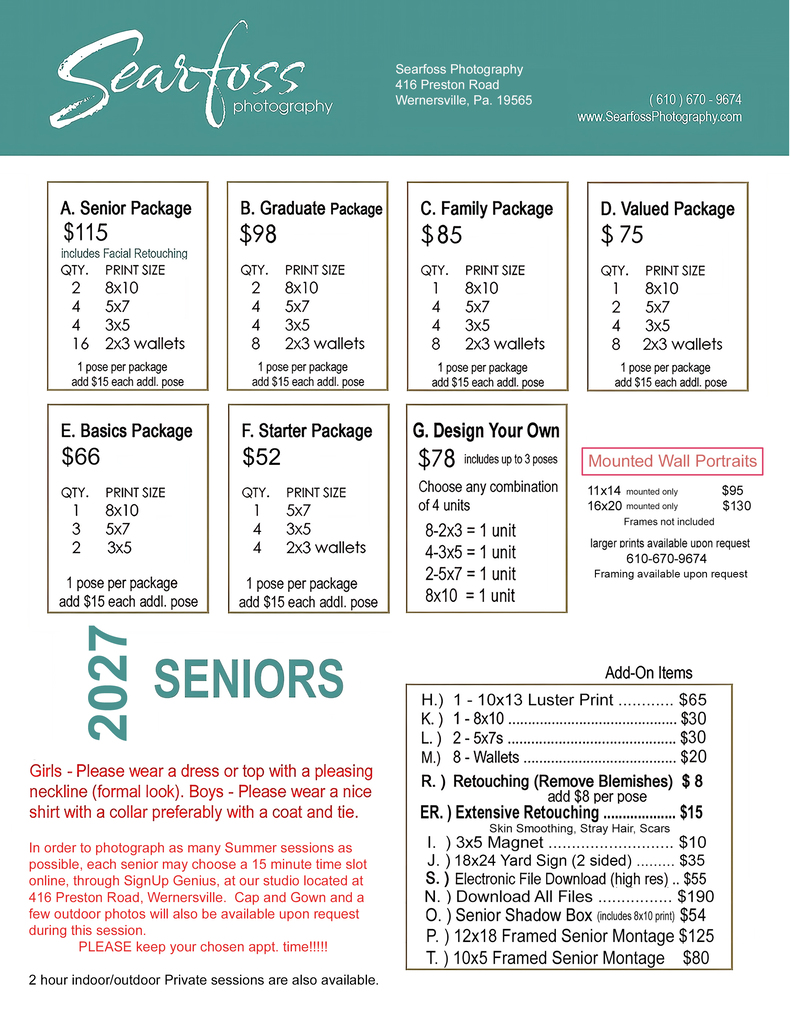 Searfoss photography price list