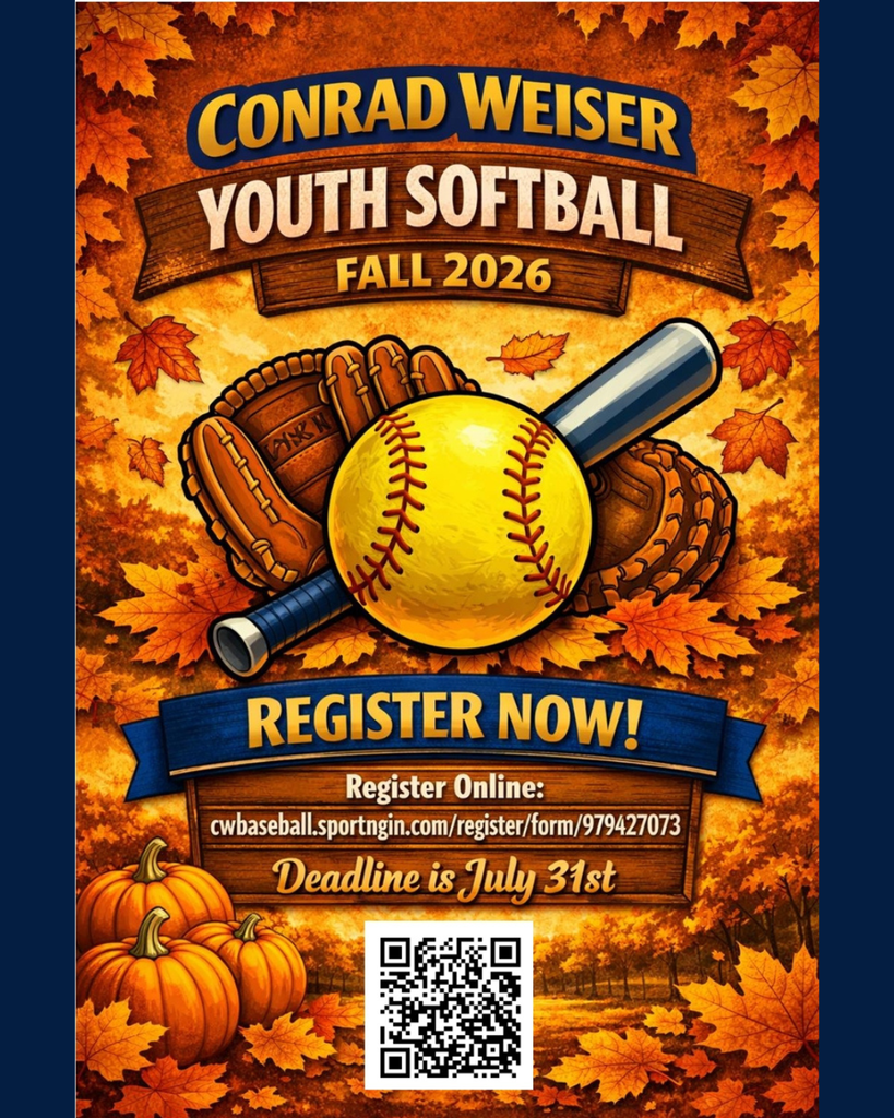 "Conrad Weiser Youth Softball Fall 2026 Register By: July 31st! Please use the following link or scan the QR code to register https://cwbaseball.sportngin.com/register/form/979427073 "