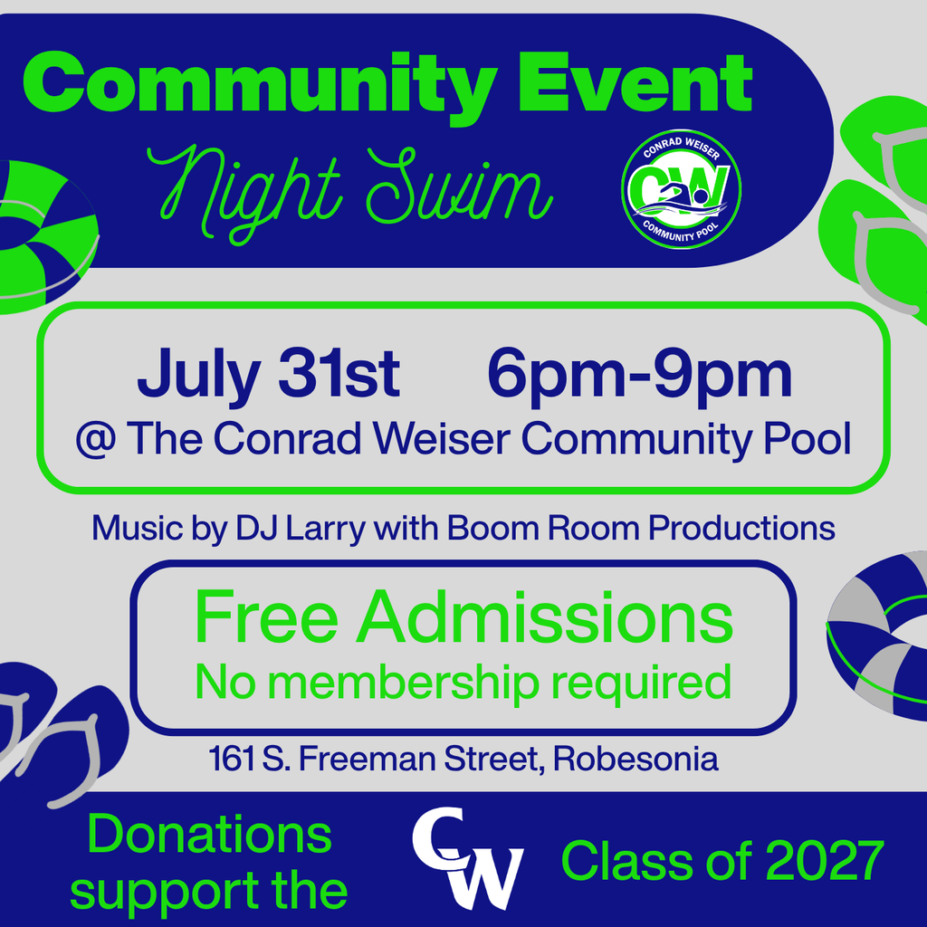 Community Night Swim event; gray background iwth blue and green lettering