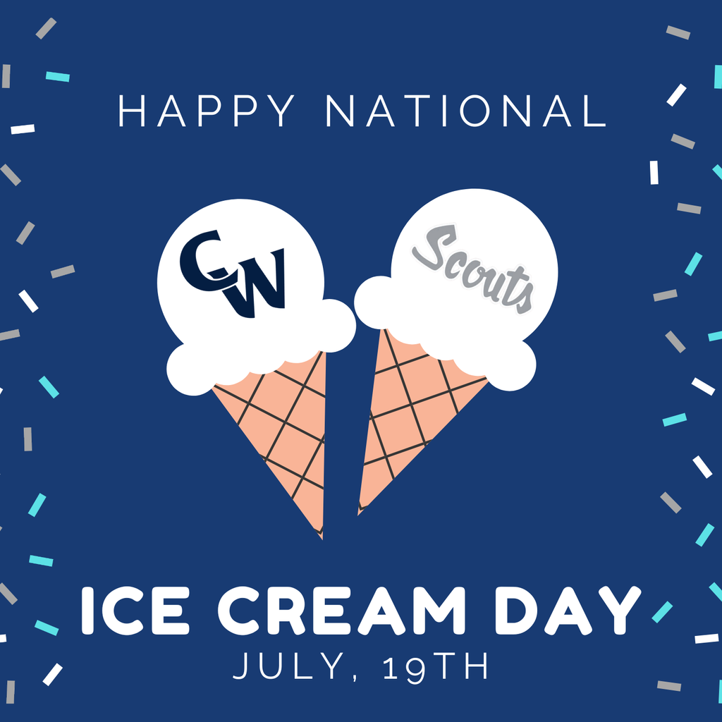 blue background, two ice cream cones with CW and scouts on the ice cream, sprinkles down the sides.