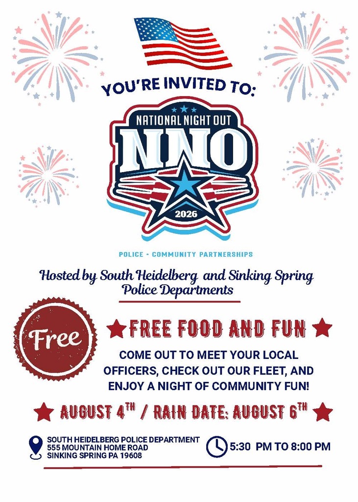 National Night Out Event Flyer; white with red and blue writing, fireworks and American Flag, patriotic feel