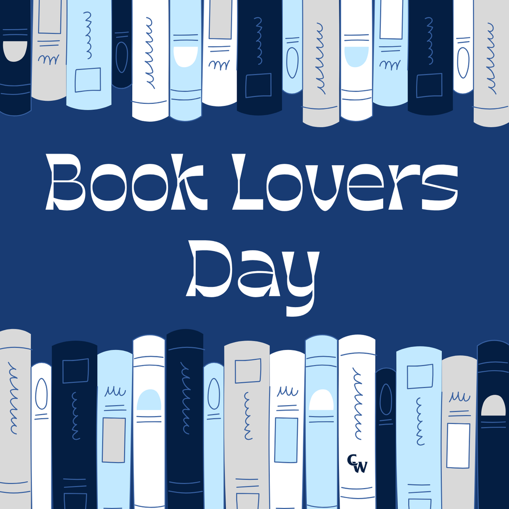 Blue and gray book spines, cartoon drawings