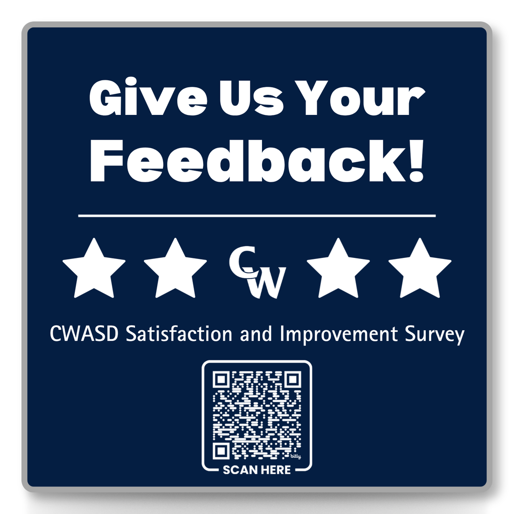 CWASD satisfaction and imrpovement survey. blue background, white writing, stars and QR code; linked here; https://bit.ly/CWASDSurvey