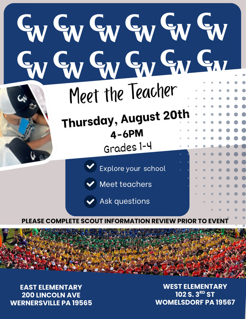 Meet the Teacher night will be held on Thursday, August 20th from 4-6 PM