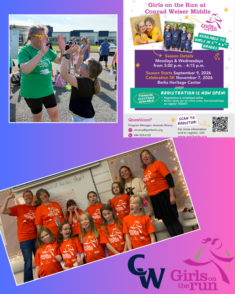 "Girls on the Run Conrad Weiser Middle School Open to 5th & 6th graders Season starts Wednesday September 9th Practice: Mondays and Wednesdays, 3-415 Financial aid available Celebration 5k, Saturday, November 7th at Berks Heritage Center Registration is now open Registration is on a first come, first served basis Questions? Program manager Amanda Muncy Amuncy@gotrberks.org 484-332-6132 For more information and to register go to gotrberks.org"