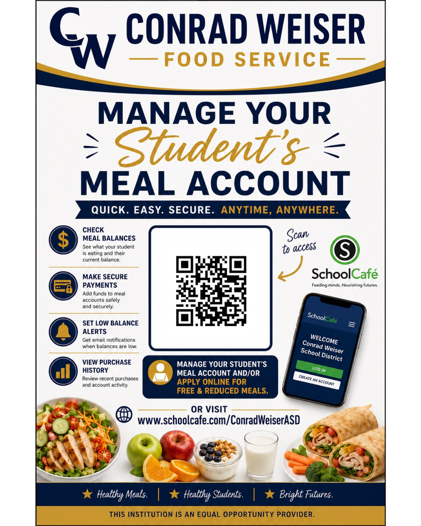 CW Food Service flyer; color meals at the bottom, QR code for School Cafe