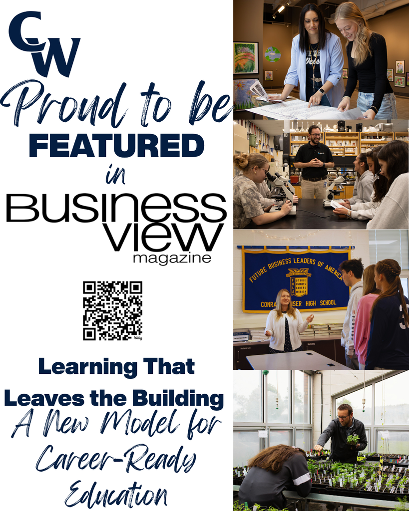 4 photos of teachers and students in the classroom, QR code for article link; https://businessviewmagazine.com/conrad-weiser-area-school-district/