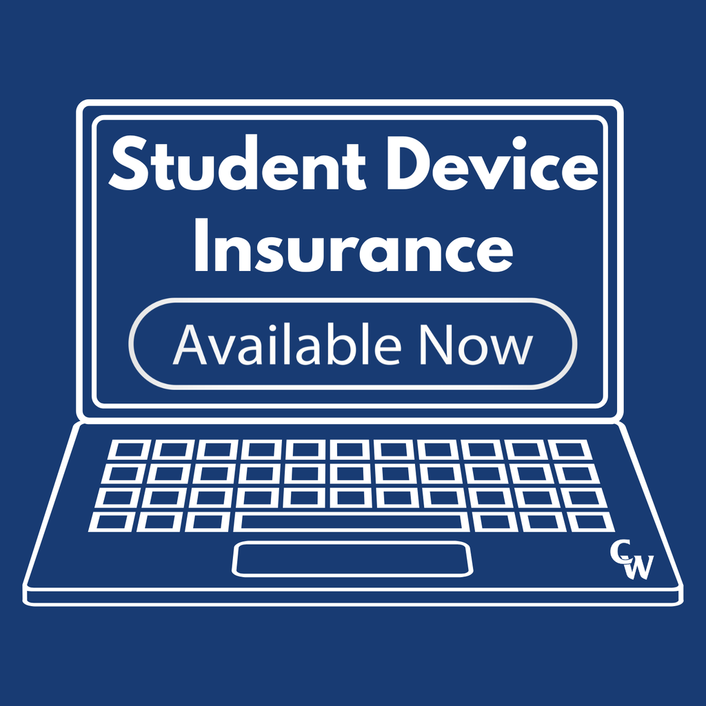 student device graphic with laptop in white with blue background