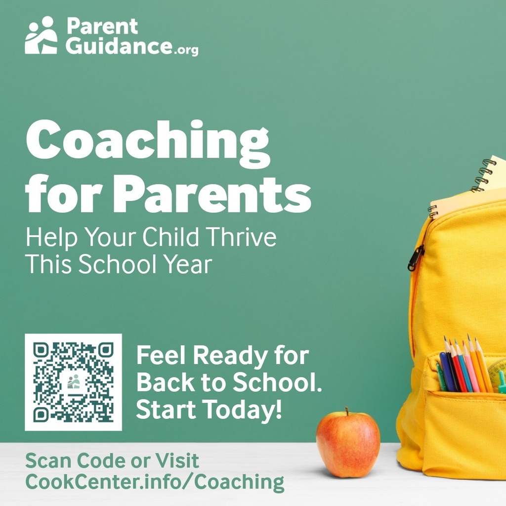 coaching for parents. green background, apple in the front and a yellow backpack. QR code to sign up