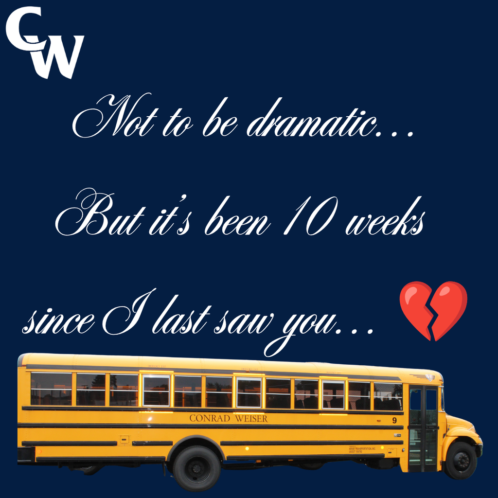 blue background with yellow CW bus, wording is followed with a broken heart. 