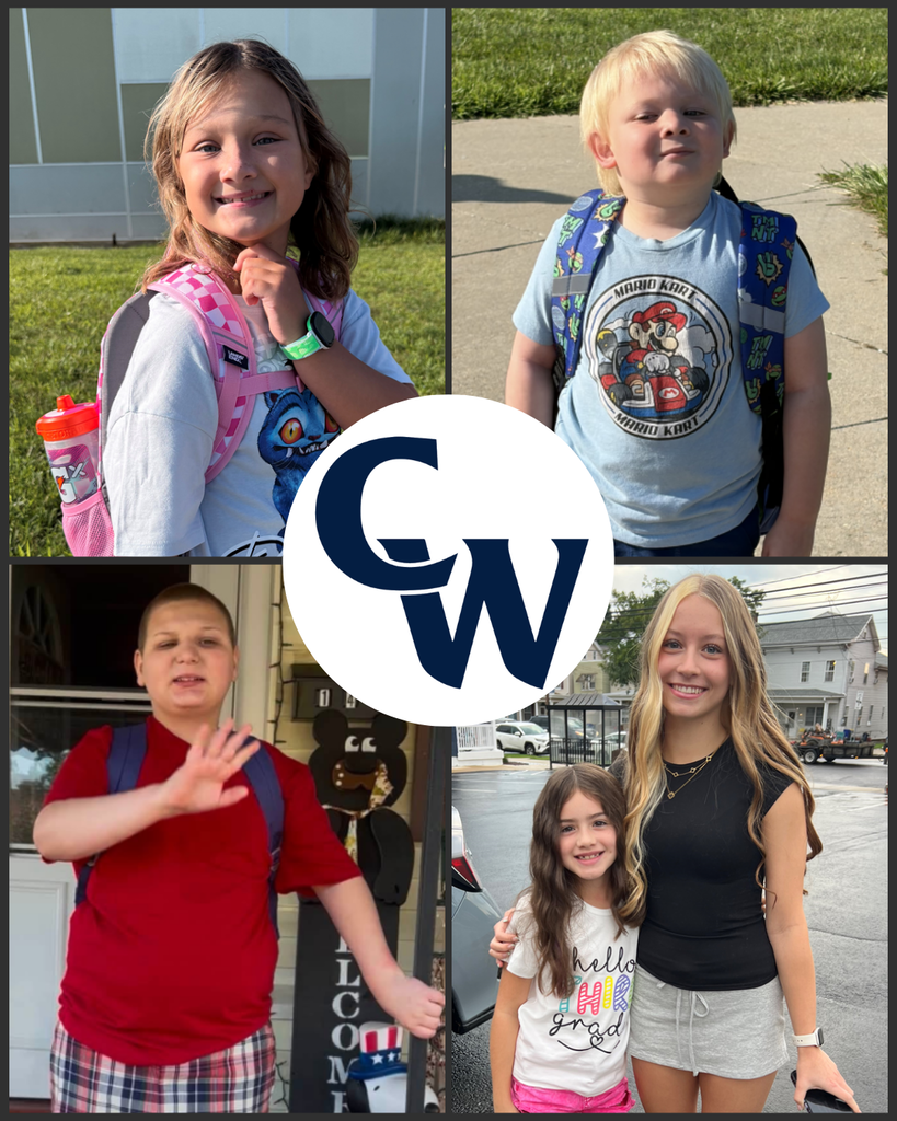 collage of parent submitted student photos at home on the first day of school; blue CW in the middle