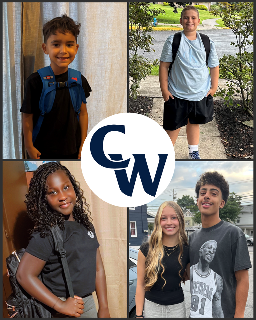 collage of parent submitted student photos at home on the first day of school; blue CW in the middle