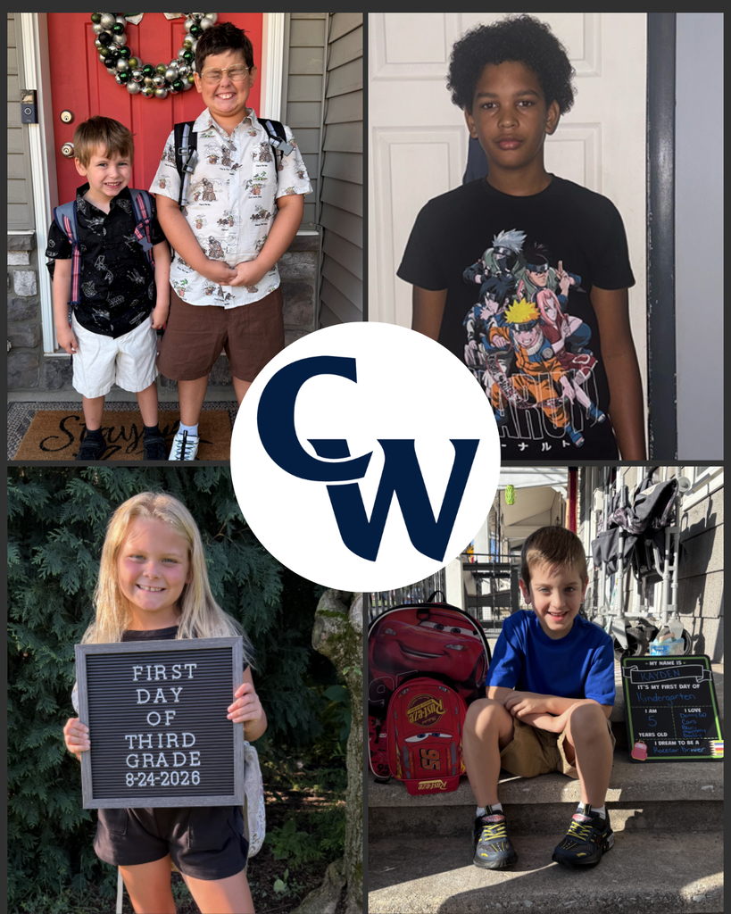 collage of parent submitted student photos at home on the first day of school; blue CW in the middle