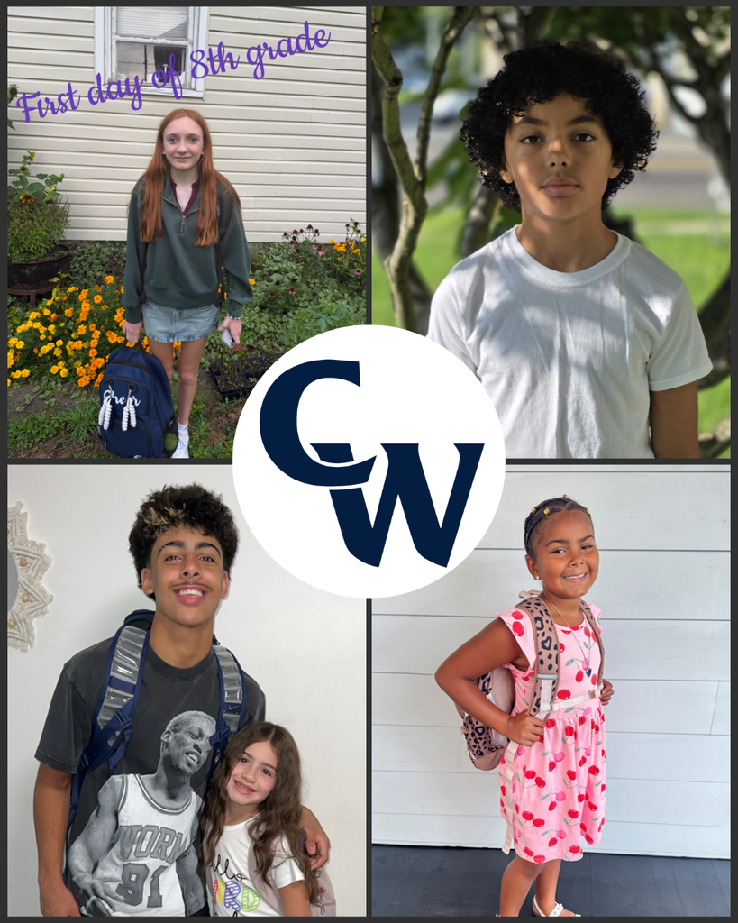 collage of parent submitted student photos at home on the first day of school; blue CW in the middle