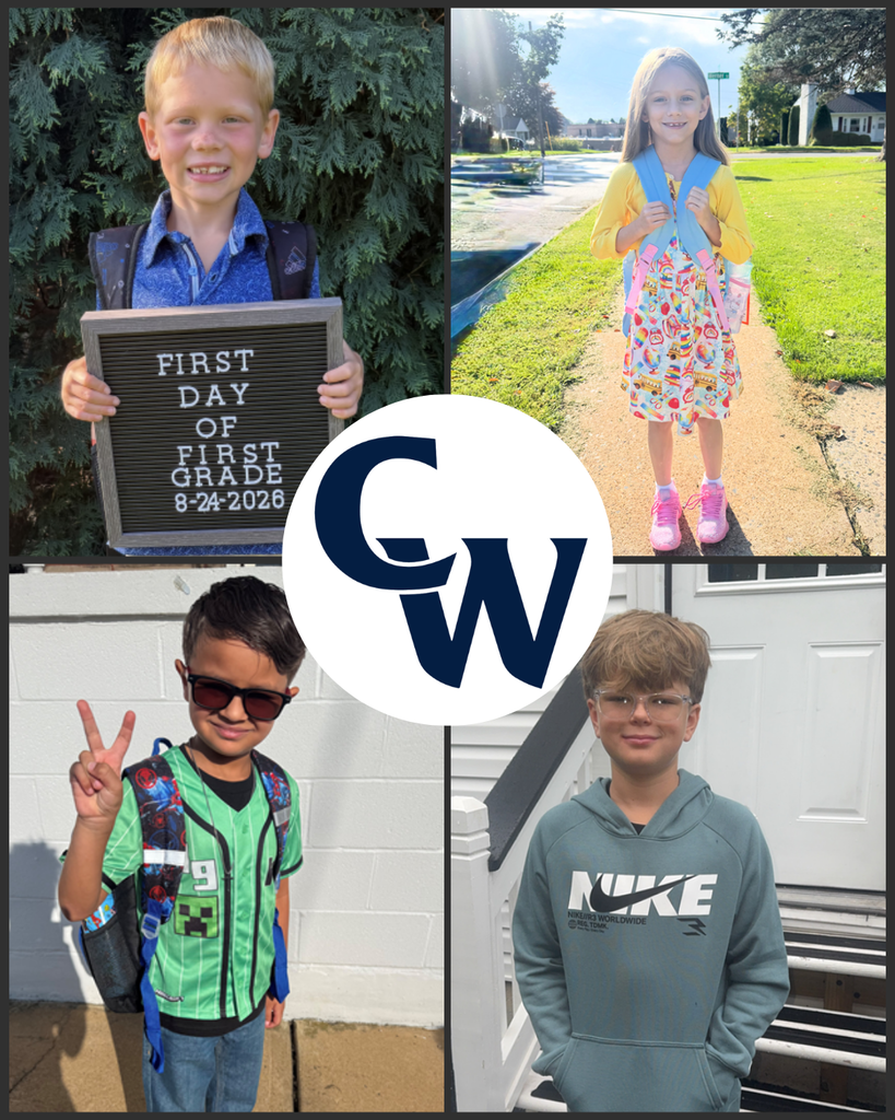 collage of parent submitted student photos at home on the first day of school; blue CW in the middle