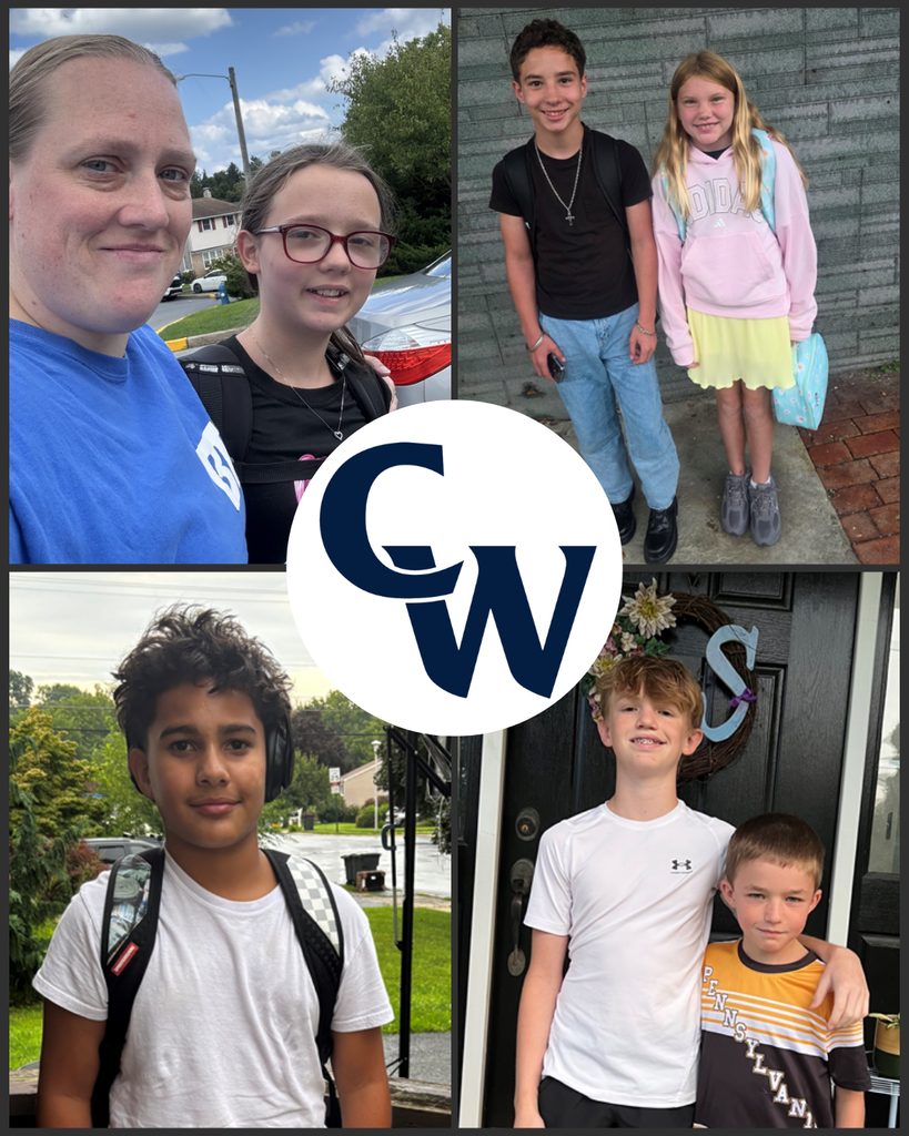 collage of parent submitted student photos at home on the first day of school; blue CW in the middle