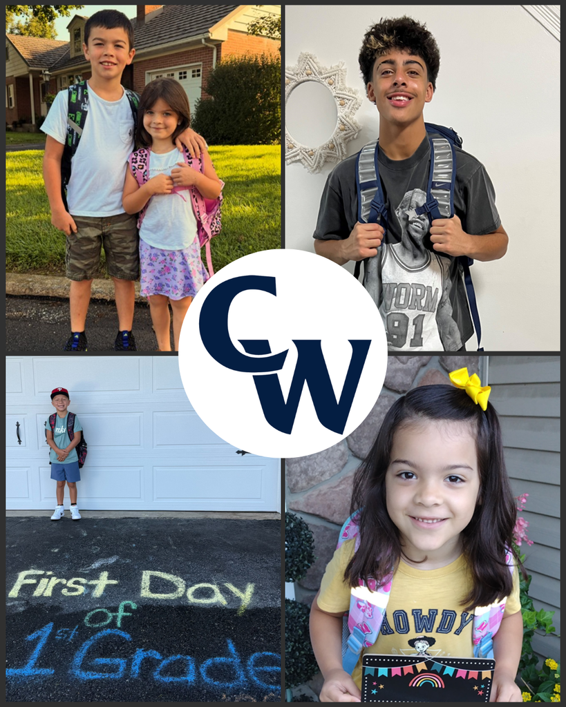 collage of parent submitted student photos at home on the first day of school; blue CW in the middle