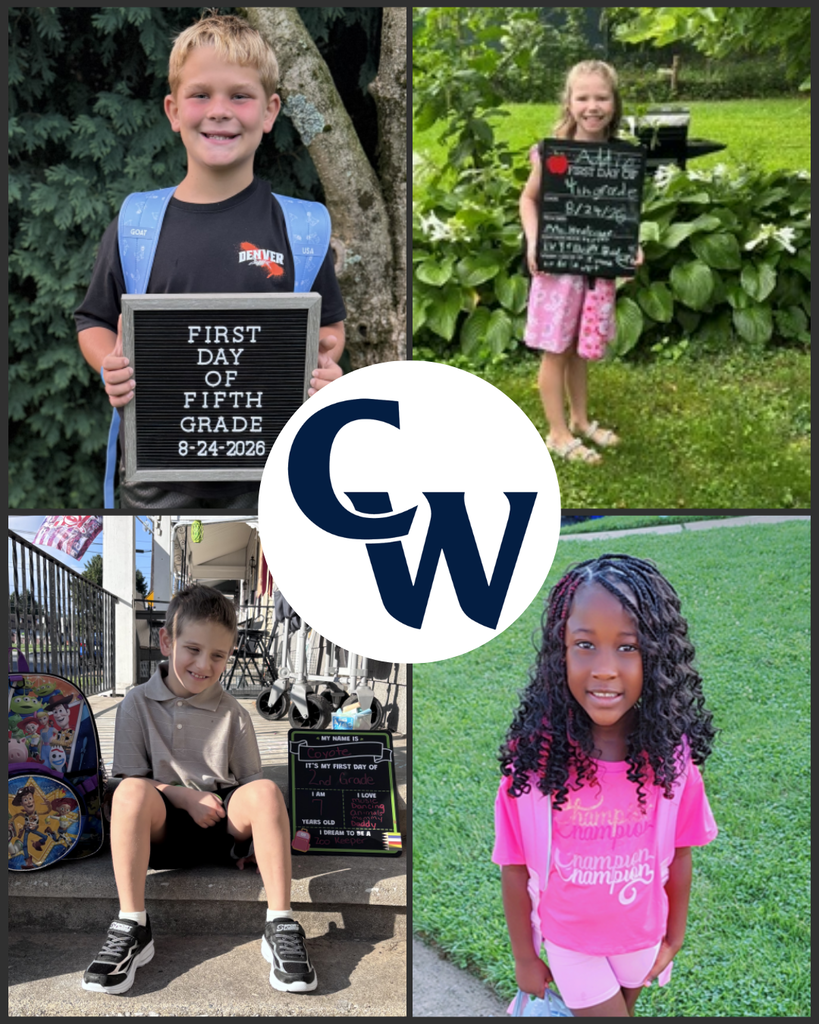 collage of parent submitted student photos at home on the first day of school; blue CW in the middle