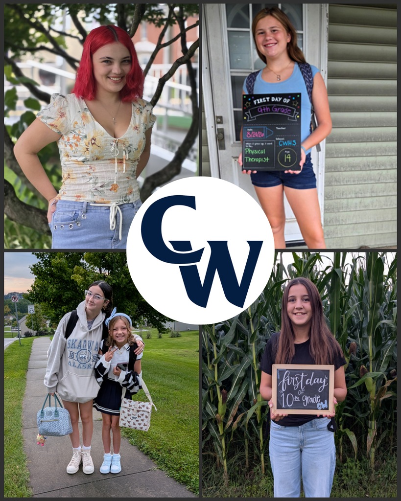 collage of parent submitted student photos at home on the first day of school; blue CW in the middle