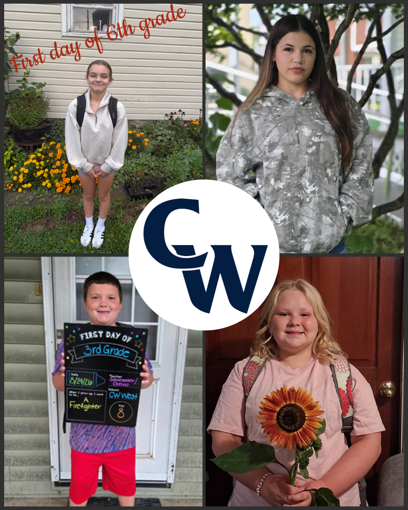 collage of parent submitted student photos at home on the first day of school; blue CW in the middle