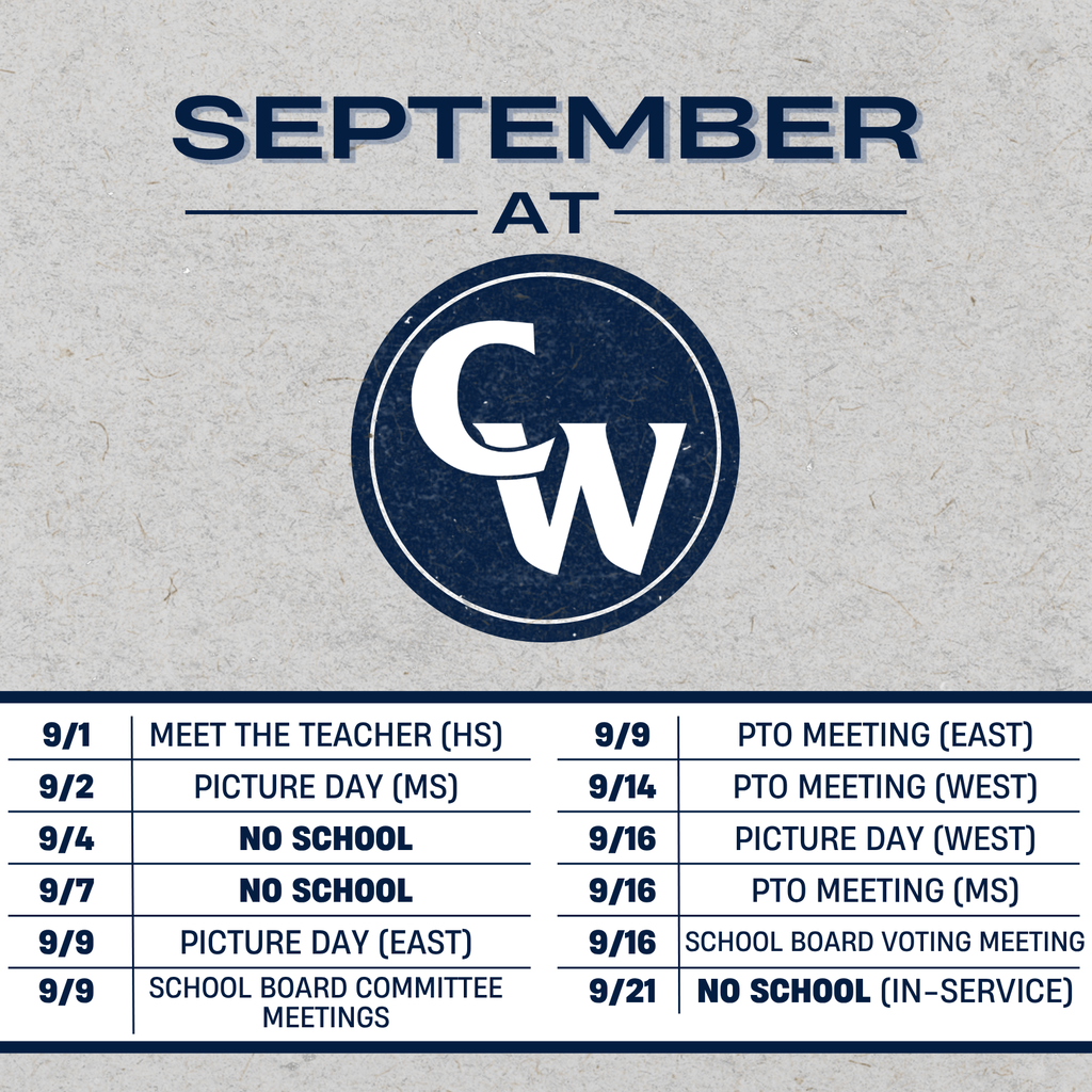 various events through the district; gray background, blue and white CW logo
