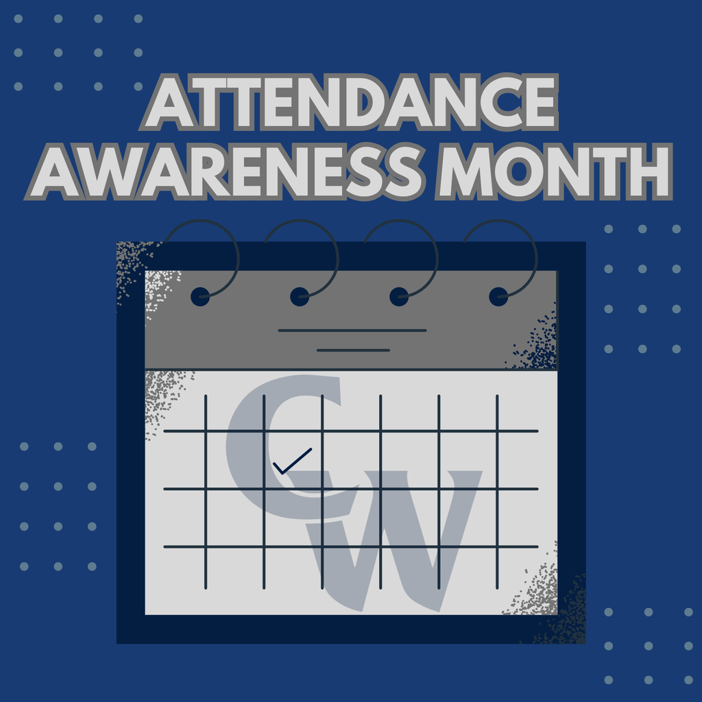 calendar graphic with day checked as present, CW shadow in the background, blue frame around graphic