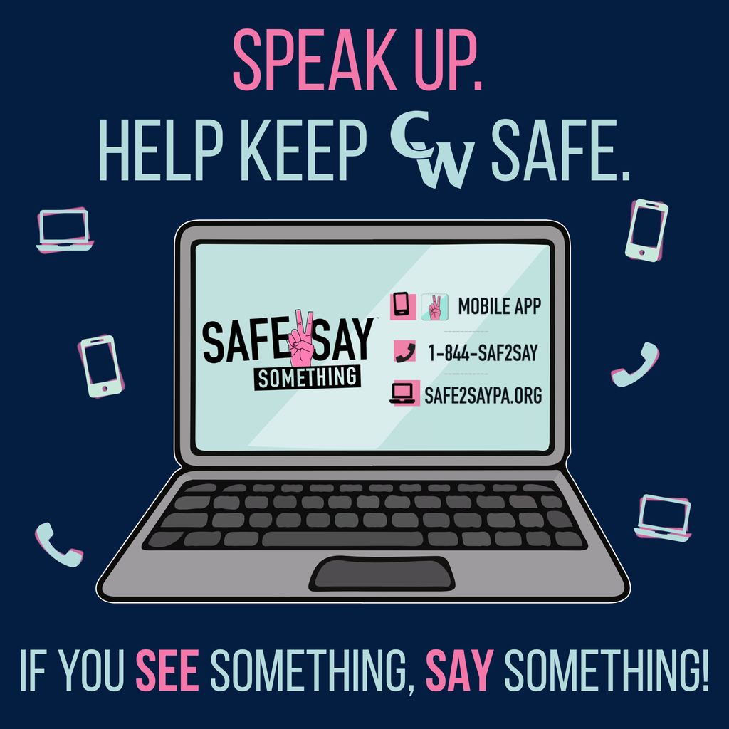 navy background, laptop graphic with safe2say information