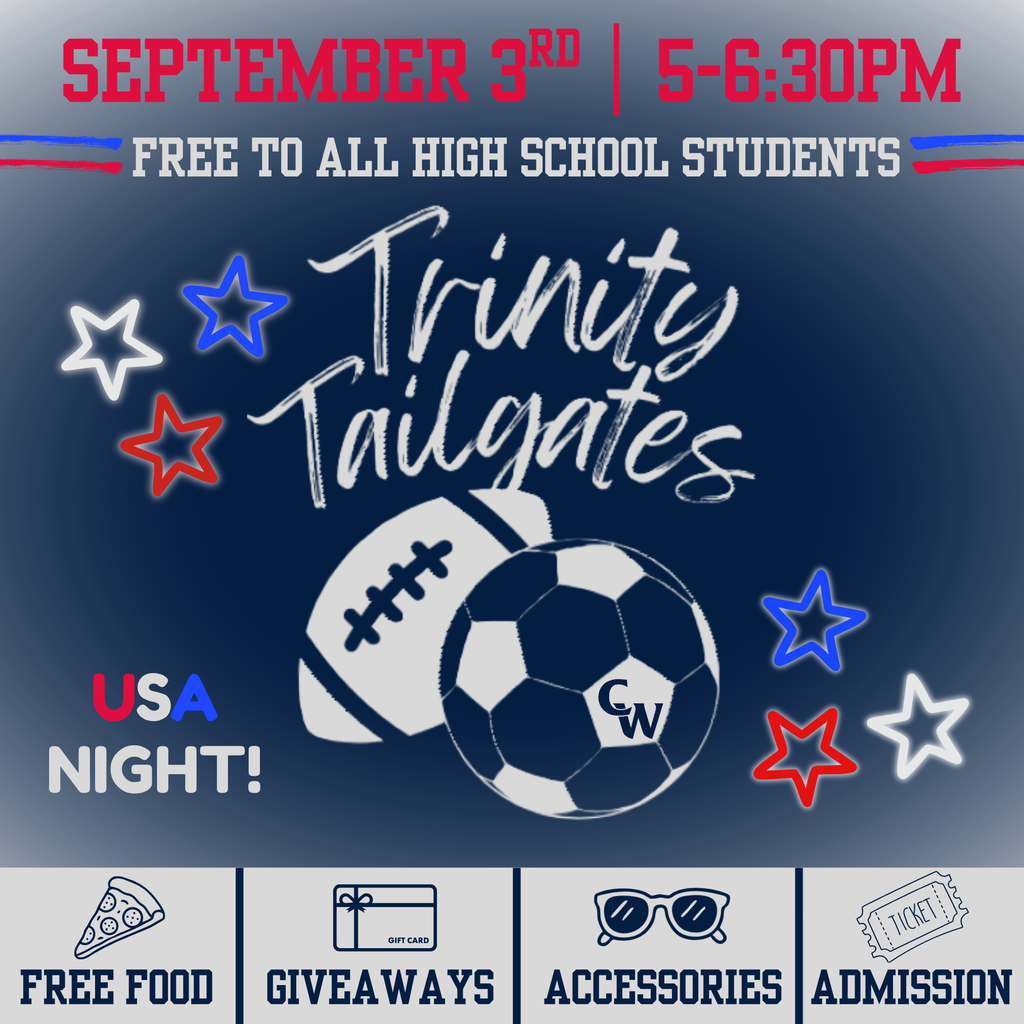 navy background, football/soccer bals with cw. Red white and blue stars, graphics; pizza, gift card, sunglasses, ticket.