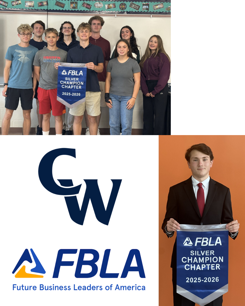 photos of the FBLA team holding a banner, and photo of individual student holding the banner