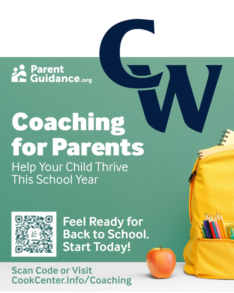 coaching for parents, yellow backpack, an apple and a large navy CW, green background