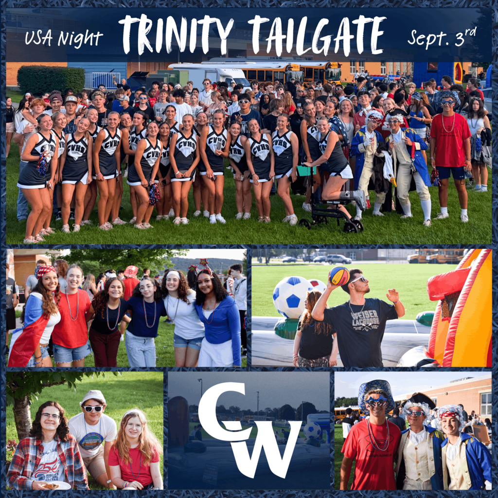 trinity tailgate pictures; students at school playing games, posing, the theme was USA, students in red, white and blue