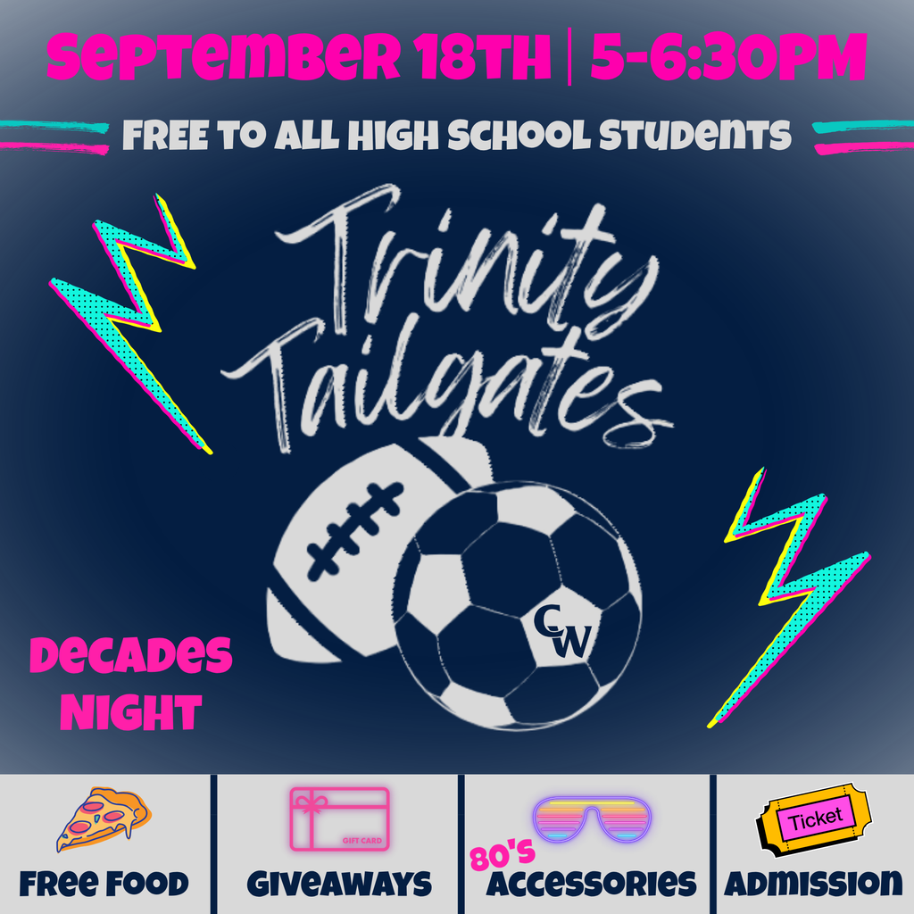 flyer for trinity tailgate, football and soccer ball graphic, 80s theme, dark backgroun and neon lighting bolts