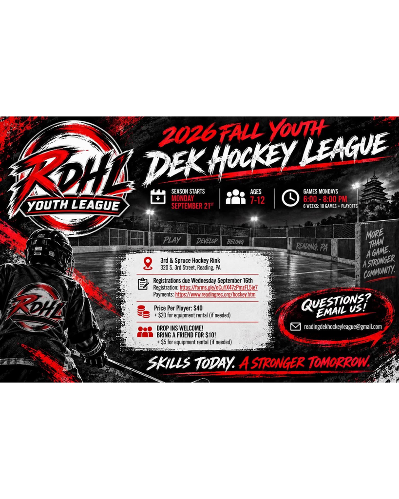 "Sign up now for our Fall Youth League! Registration is now officially open for our exciting fall youth hockey league. This league is the perfect opportunity for boys and girls to grab their sticks, build great friendships, and develop their skills on the rink. Here is everything you need to know about the upcoming season: Season Details: 👦 Children ages 7 to 12 years old. 📅 Start Date: Monday, September 21, 2026. Games begin at 6:00 p.m. Season Length: The league runs for 6 action-packed weeks. 10 regular season games + playoffs! All Skill Levels Welcome! Perfect for both experienced players and those looking to improve. 🏒 No Gear? No Problem! Equipment Rental Available: We have full gear sets available to rent for the season! Do not let a lack of gear stop your child from playing the coolest sport! 📝 How to Register: Spaces are limited, and team rosters fill up fast. Do not let your child miss out on the coolest sport of the summer! Click the link below to secure your spot today: 👉 https://forms.gle/j1G5azihwrrscazr5 💲 Click here to pay: https://pci.jotform.com/form/262104154268149"