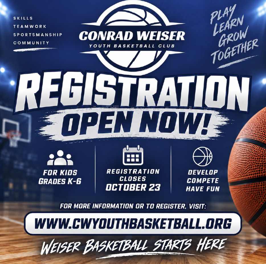 "   Skills, Teamwork, Sportsmanship, Community Conrad Weiser Youth Basketball Club Play, Learn, Grow Together Registration Open Now! For kids grades k-6 Registration closes October 23 Develop, compete, have fun For more information or to register, visit: www.CWYOUTHBASKETBALL.ORG Weiser Basketball Starts Here"