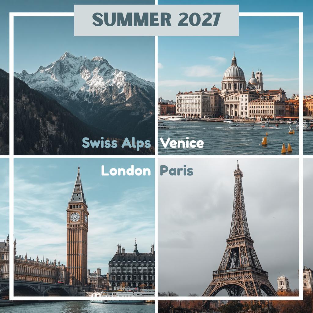 An image that says "Summer 2027" and features imagines of the Alps (mountain range), Venice (a domed Basilica), London (Big Ben), and Paris (Eiffel Tower). Another image that says "Summer 2028, Australia & New Zealand" featuring a photo of the Sydney Opera House and an aerial view of the island of New Zealand.
