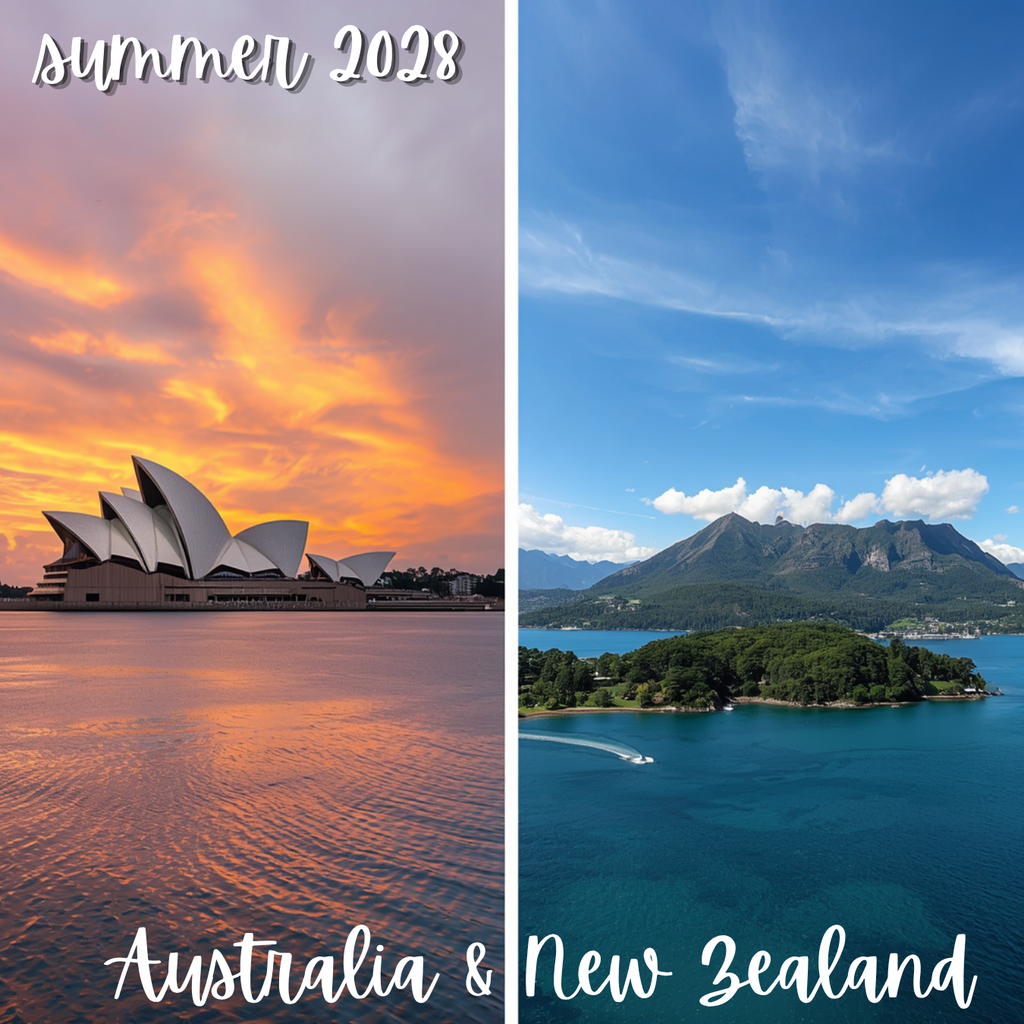 An image that says "Summer 2027" and features imagines of the Alps (mountain range), Venice (a domed Basilica), London (Big Ben), and Paris (Eiffel Tower). Another image that says "Summer 2028, Australia & New Zealand" featuring a photo of the Sydney Opera House and an aerial view of the island of New Zealand.