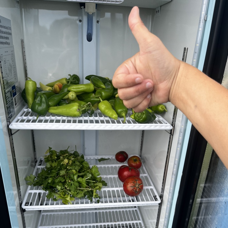 vegetables on shelves and someone’s thumb giving a thumbs up