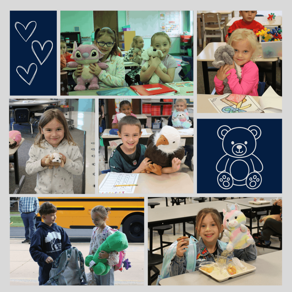 Elementary students with their stuffed animials at school