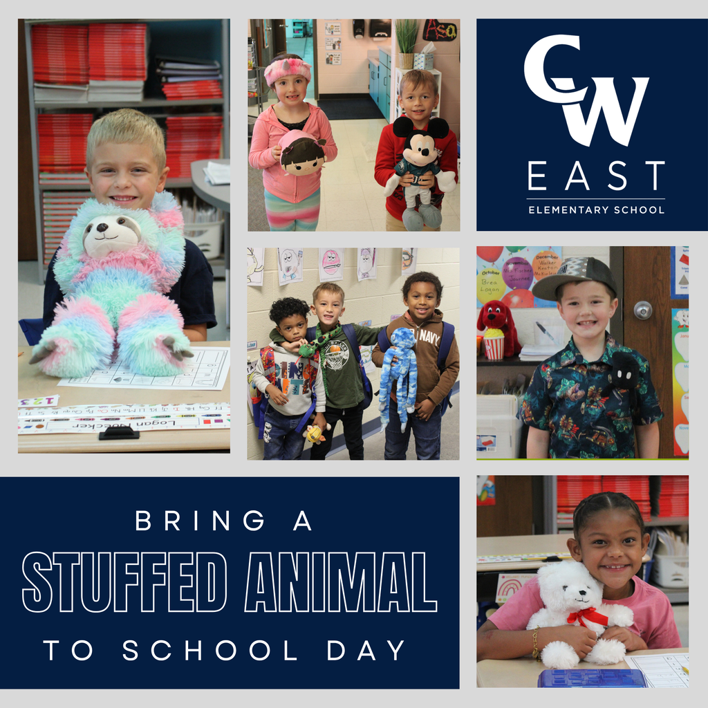 Elementary students with their stuffed animials at school