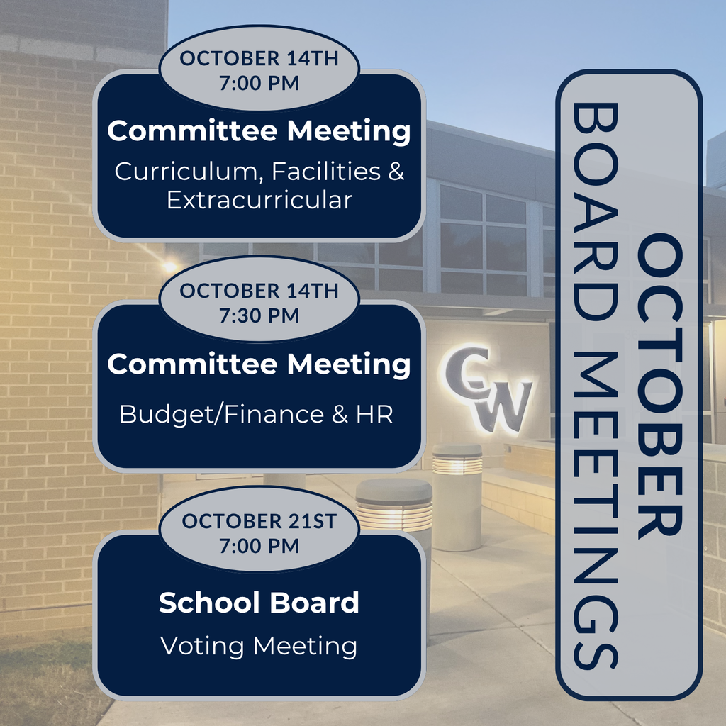 october board meeting dates; blurred nighttime photo of district admin building with illuminated CW