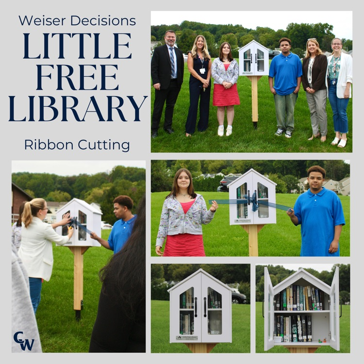 collage photos from ribbon cutting ceremony for a little library at Weiser Decisions. Students pictured holding ribbon.