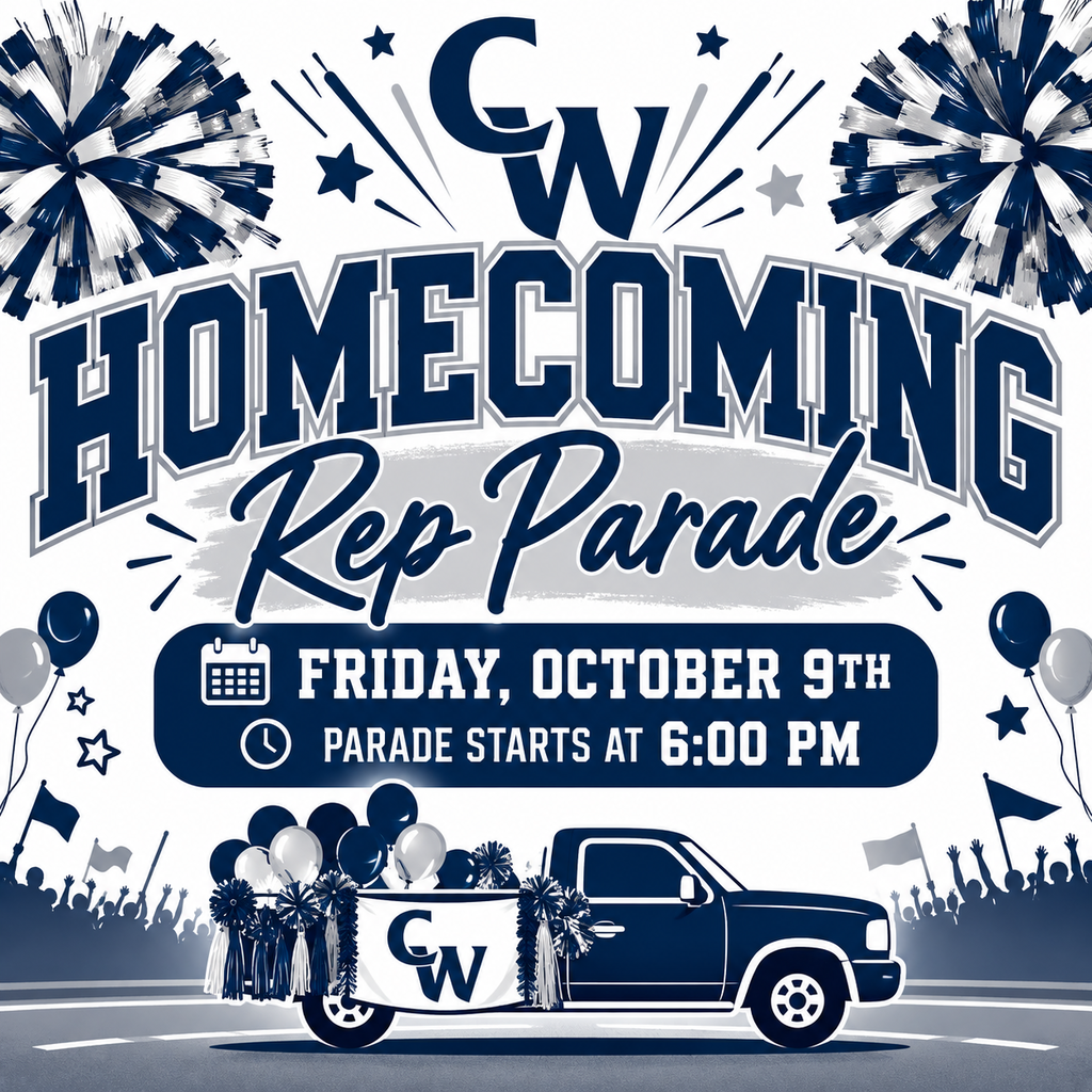 CW homecoming rep parade informattion, blue and white; picutre of a truck with balloons, pompoms