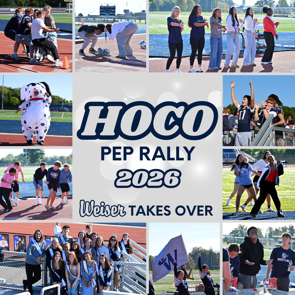 hoco photo collage from pep rally; students outside playing games and dancing