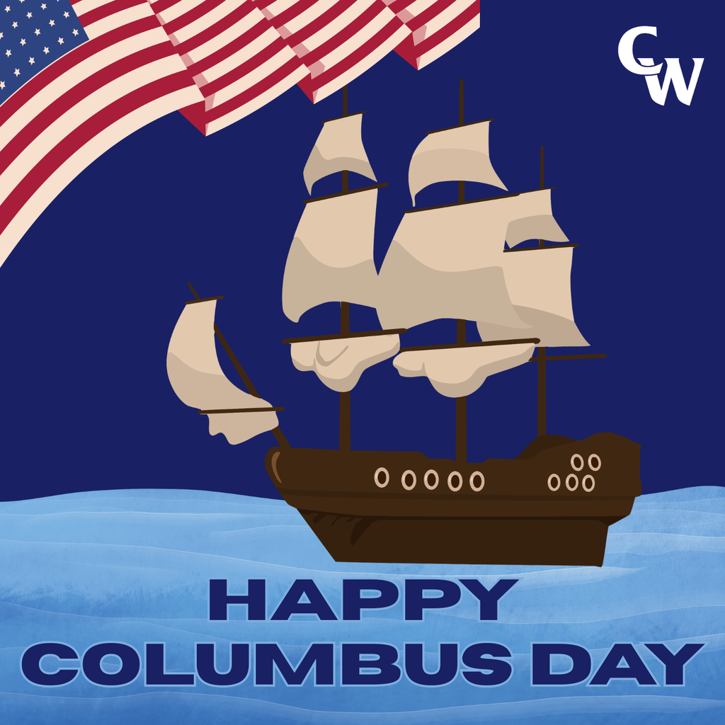coumbus day graphic; tall ship with sails on the water, american flag in top left corner