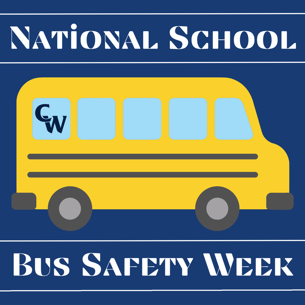 blue background, yellow bus graphic