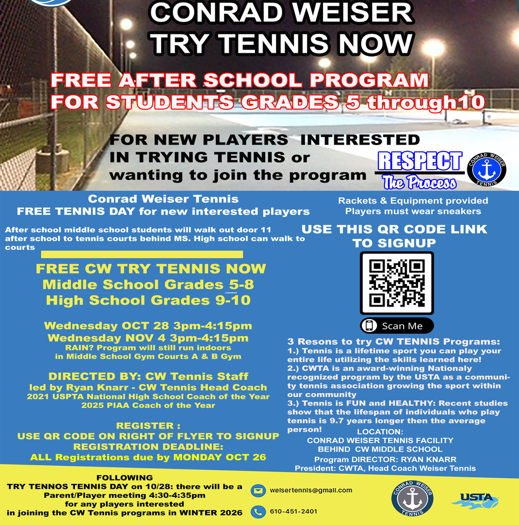 Conrad Weiser Try Tennis Now FREE Intro to tennis program- Students Grades 5-10