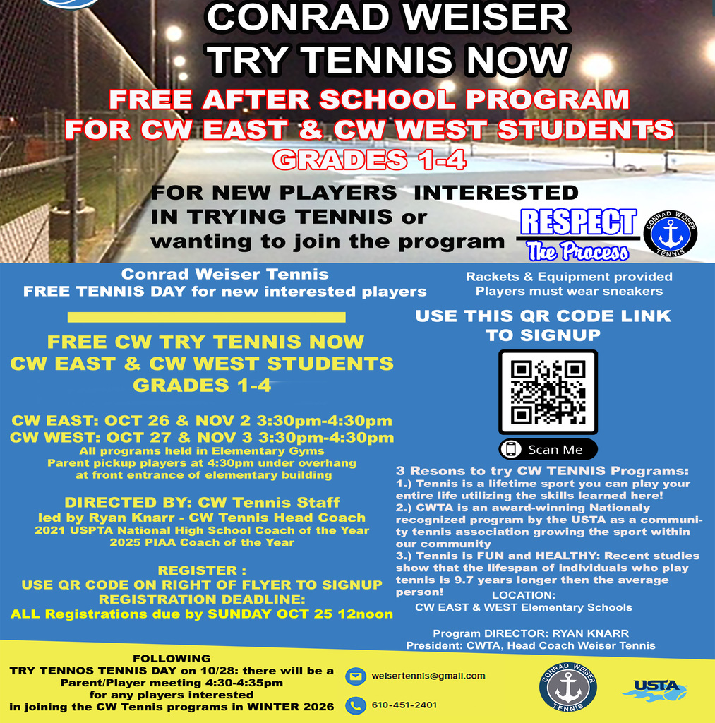 Conrad Weiser Try Tennis Now FREE After school Elementary School Program Grades 1-4