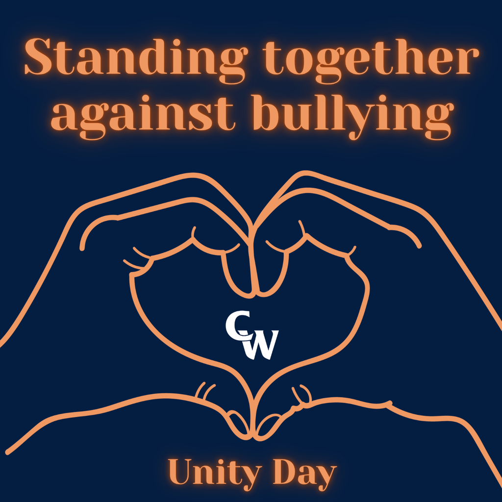 navy background with orange writing; two graphic hands making a heart with a white cw in the middle